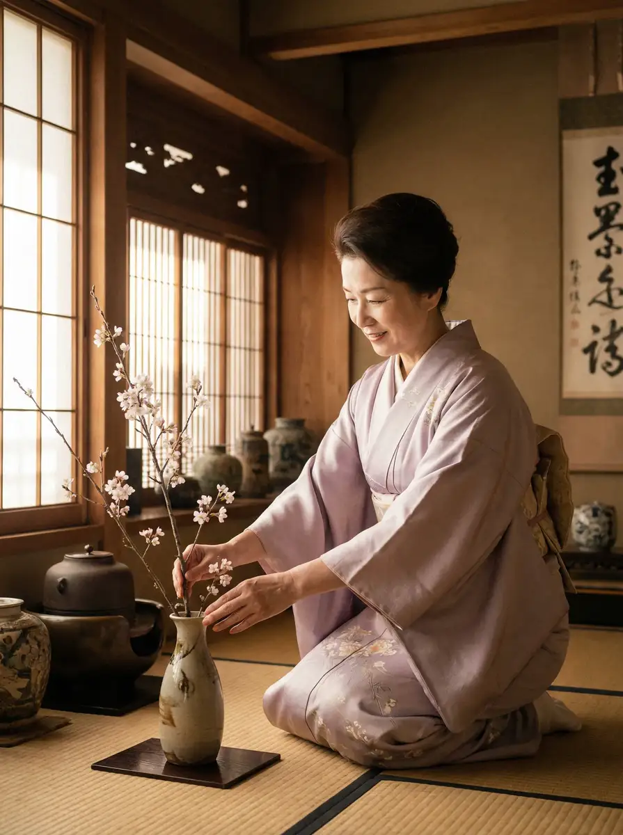 一位优雅的 桃传媒 在和室中插花